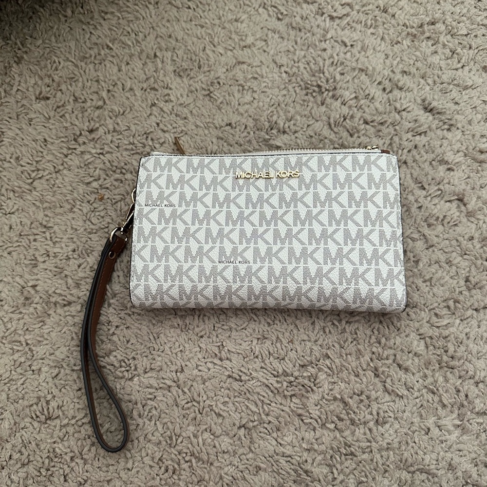 Michael Kors Beige/White MK Logo Wristlet with Brown Strap